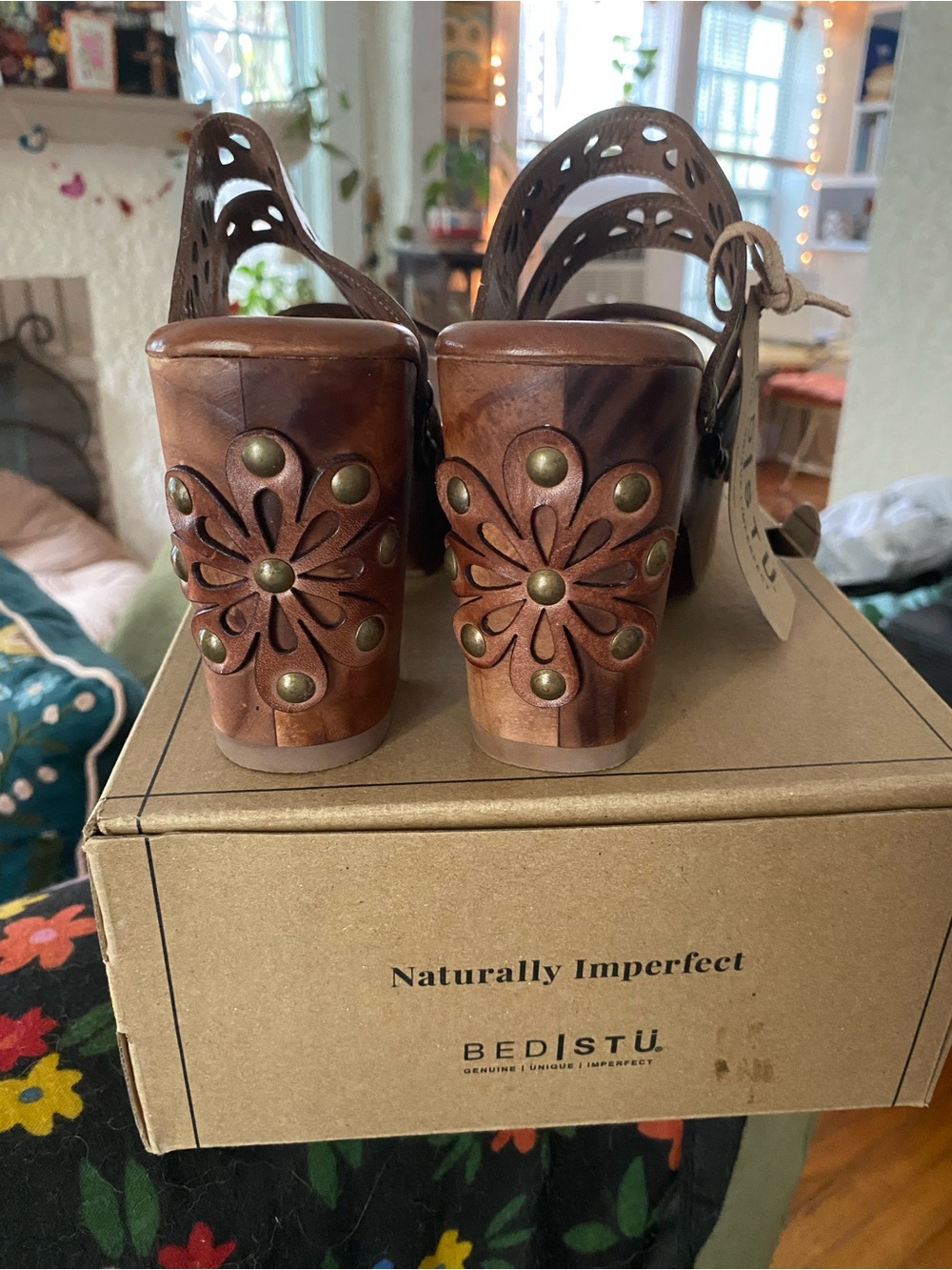 NIB Bed Stu Kreep Studded Flower Platform Sandals Almond Brown 8.5